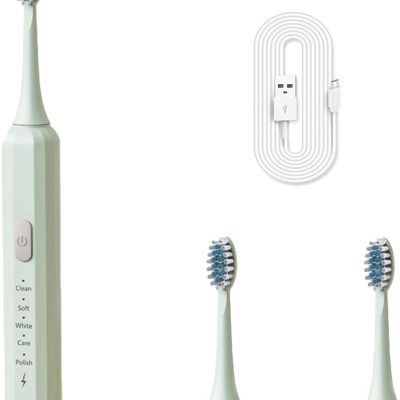 Electric Toothbrush for Adults, 5 Modes USB Rechargeable with 2 Extra Brush Heads, 66000 RPM Sonic Toothbrush with 2-Minute Timer, IPX7 Waterproof, Soft Bristles (Green)