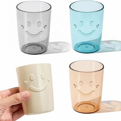 4Pcs Bathroom Tumbler Toothbrush Cups, Smiley Unbreakable Toothbrush Holders, Reusable Drinking Cups Plastic Mouthwash Cup Bathroom Brushing Cup 300ml (4 Colors), Beige, Blue, Gray, Brown