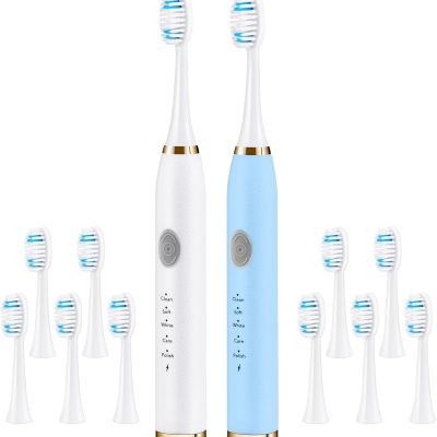 2 Pack Sonic Electric Toothbrush, Adult Travel Sonic Toothbrush, Built-in 2-Minute Brushing Timer, 5 Brushing Modes, 10 Brush Heads (Blue + White)