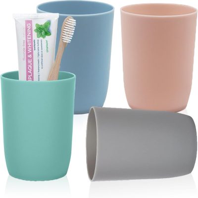 4-Pack Plastic Bathroom Tumbler Cups | Stackable Toothbrush & Mouthwash Cups | Reusable, Dishwasher Safe | 10oz (280ml) | 4 Colors for Travel​​