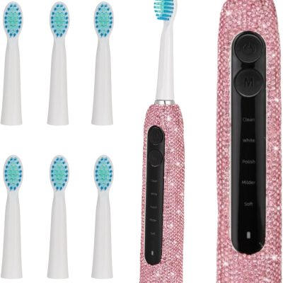 Sonic Electric Toothbrush  Rechargeable Toothbrushes for Adults with 6 Brush Heads Vibrating Toothbrush-5 Modes, USB-C Fast Charge,2Min Smart Timer,IPX7 Waterproof(Pink)